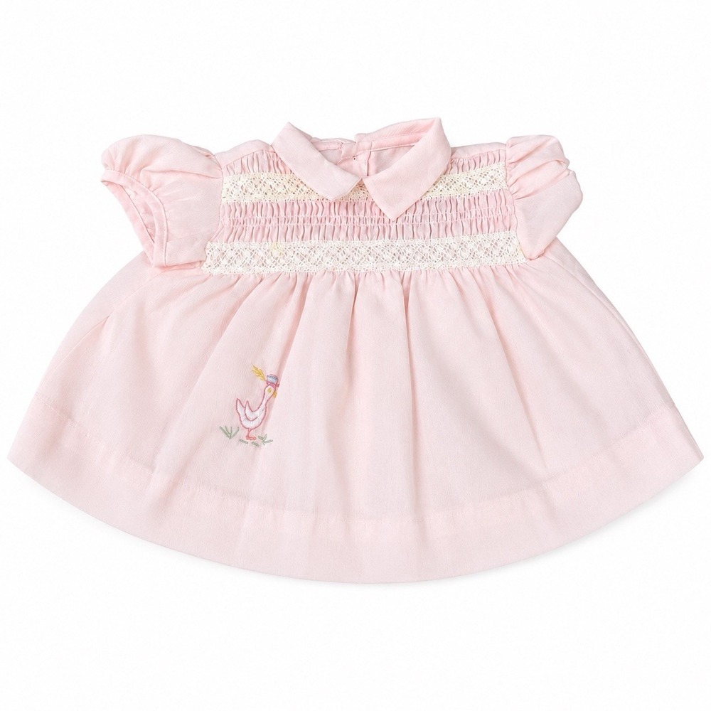 Vintage Handmade Pink Smocked Baby Dress Peter Pan Collar Goose Embroidery 0-3M‎